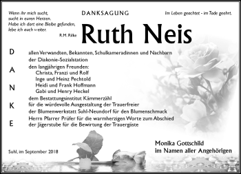 Traueranzeige von Ruth Neis von Südthüringer Presse