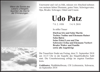Traueranzeige von Udo Patz von Südthüringer Presse