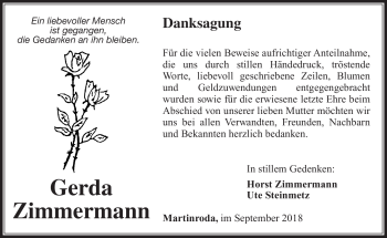 Traueranzeige von Gerda Zimmermann von Südthüringer Presse