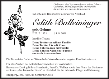 Traueranzeige von Edith Balleininger von Südthüringer Presse