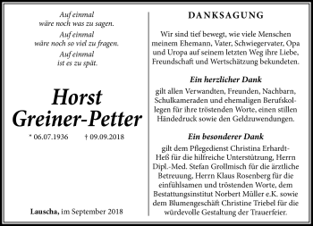 Traueranzeige von Horst Greiner-Petter von Südthüringer Presse