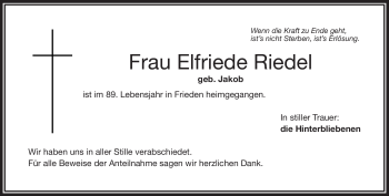Traueranzeige von Elfriede Riedel von Frankenpost