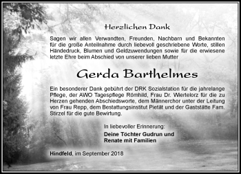 Traueranzeige von Gerda Barthelmes von Südthüringer Presse