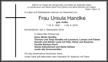 Traueranzeige von Ursula Handke von Frankenpost