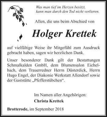 Traueranzeige von Holger Krettek von Südthüringer Presse