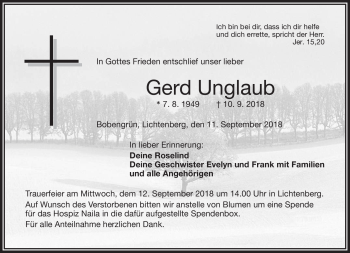 Traueranzeige von Gerd Unglaub von Frankenpost