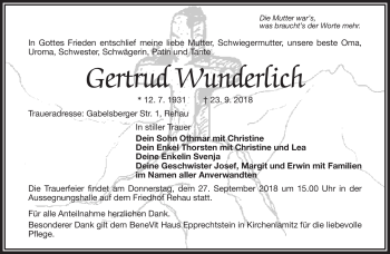 Traueranzeige von Gertrud Wunderlich von Frankenpost