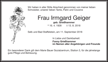 Traueranzeige von Irmgard Geiger von Frankenpost