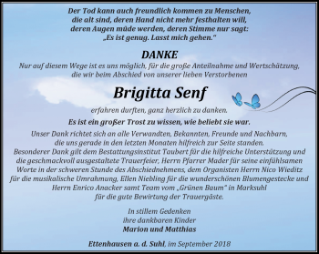 Traueranzeige von Brigitta Senf von Südthüringer Presse