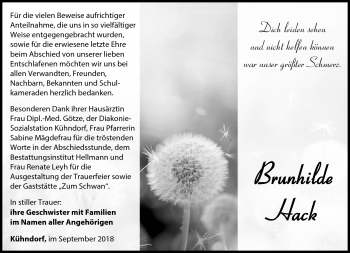 Traueranzeige von Brunhilde Hack von Südthüringer Presse