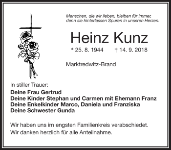Traueranzeige von Heinz Kunz von Frankenpost