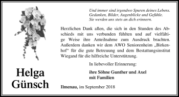 Traueranzeige von Helga Günsch von Südthüringer Presse