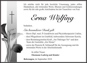 Traueranzeige von Erna Wölfing von Südthüringer Presse