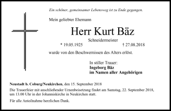 Traueranzeige von Kurt Bäz von Neue Presse Coburg