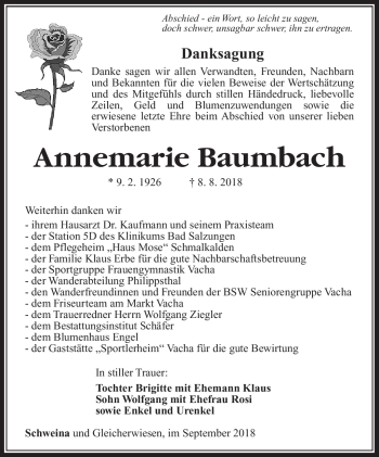 Traueranzeige von Annemarie Baumbach von Südthüringer Presse