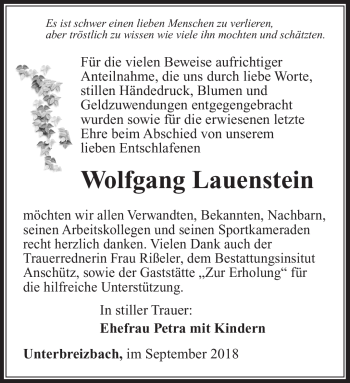 Traueranzeige von Wolfgang Lauenstein von Südthüringer Presse