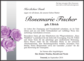Traueranzeige von Rosemarie Fischer von Südthüringer Presse
