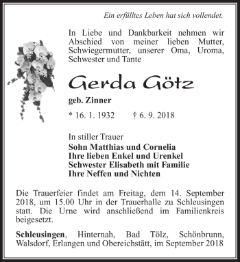 Traueranzeige von Gerda Götz von Südthüringer Presse