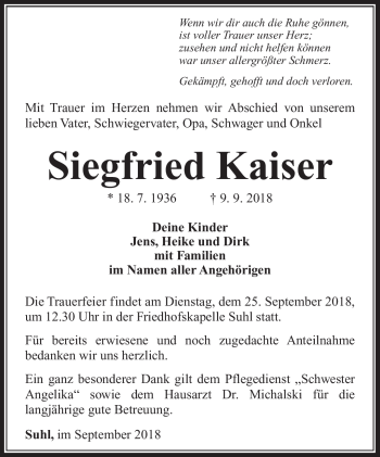 Traueranzeige von Siegfried Kaiser von Südthüringer Presse