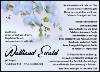 Traueranzeige von Waltraud Ewald von Südthüringer Presse