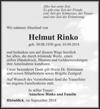 Traueranzeige von Helmut Rinko von Südthüringer Presse