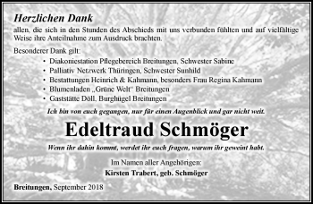 Traueranzeige von Edeltraud Schmöger von Südthüringer Presse