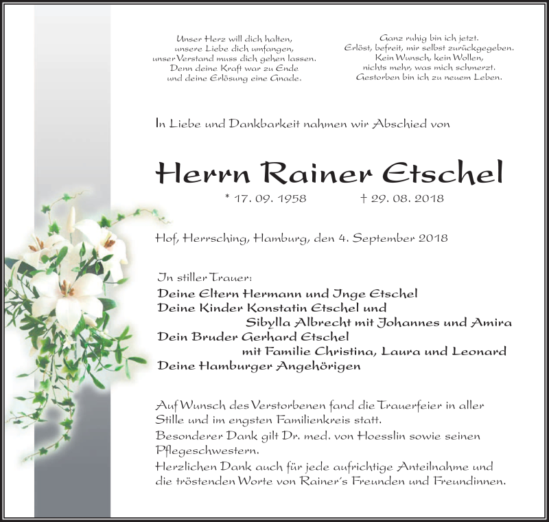  Traueranzeige für Rainer Etschel vom 04.09.2018 aus Frankenpost