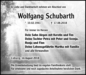 Traueranzeige von Wolfgang Schubarth von Neue Presse Coburg