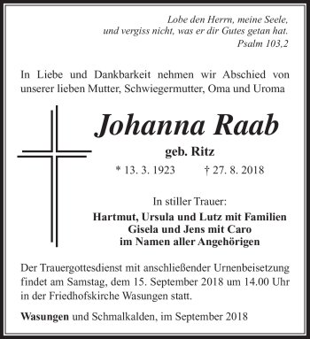 Traueranzeige von Johanna Raab von Südthüringer Presse