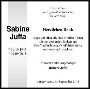 Traueranzeige von Sabine Juffa von Südthüringer Presse