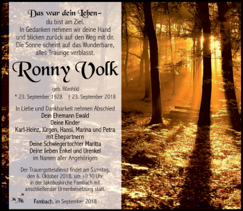 Traueranzeige von Ronny Volk von Südthüringer Presse