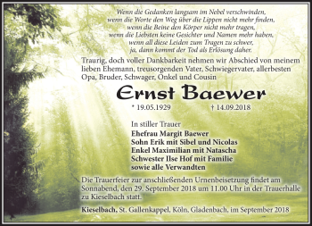 Traueranzeige von Ernst Baewer von Südthüringer Presse