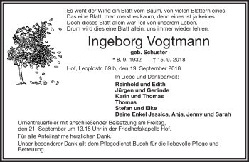 Traueranzeige von Ingeborg Vogtmann von Frankenpost