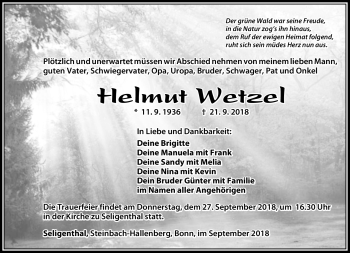 Traueranzeige von Helmut Wetzel von Südthüringer Presse