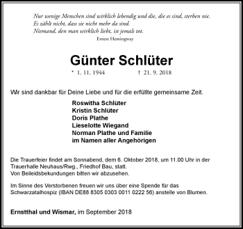 Traueranzeige von Günter Schlüter von Südthüringer Presse