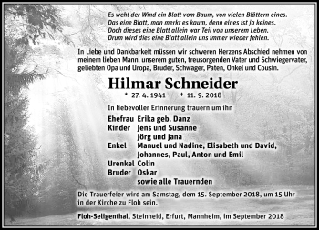 Traueranzeige von Hilmer Schneider von Südthüringer Presse