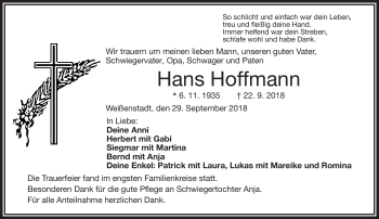 Traueranzeige von Hans Hoffmann von Frankenpost