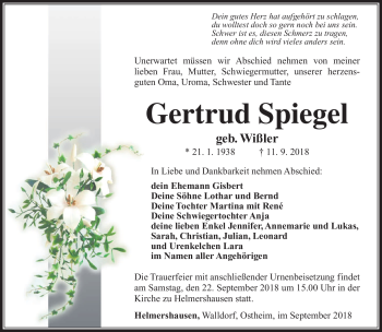 Traueranzeige von Gertrud Spiegel von Südthüringer Presse