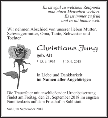 Traueranzeige von Christiane Jung von Südthüringer Presse