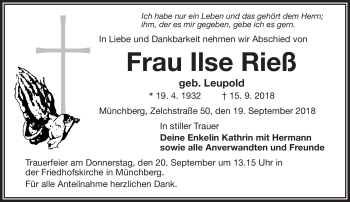 Traueranzeige von Ilse Rieß von Frankenpost