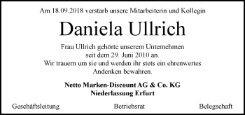 Traueranzeige von Daniela Ullrich von Südthüringer Presse
