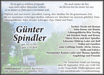Traueranzeige von Günter Spindler von Südthüringer Presse