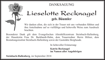Traueranzeige von Lieselotte Recknagel von Südthüringer Presse