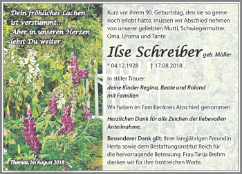 Traueranzeige von Ilse Schreiber von Südthüringer Presse