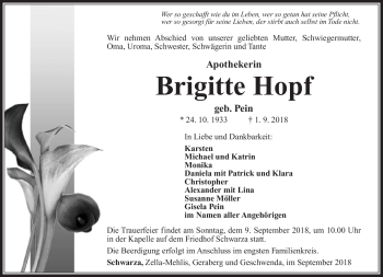 Traueranzeige von Brigitte Hopf von Südthüringer Presse