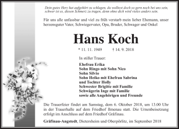 Traueranzeige von Hans Koch von Südthüringer Presse