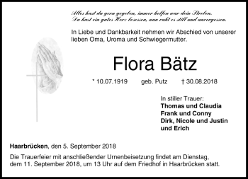 Traueranzeige von Flora Bätz von Neue Presse Coburg
