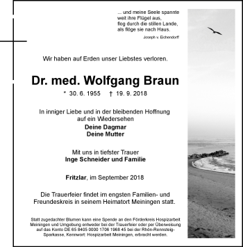 Traueranzeige von Wolfgang Braun von Südthüringer Presse