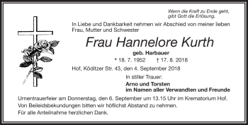 Traueranzeige von Hannelore Kurth von Frankenpost