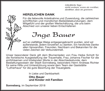 Traueranzeige von Inge Bauer von Südthüringer Presse
